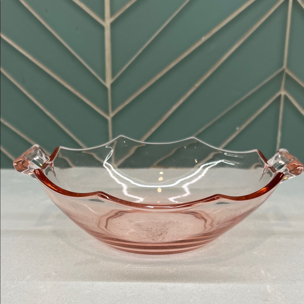 Vintage Heisey Flamingo Pink Depression Glass Octagon Bowl with handles 6.5”
